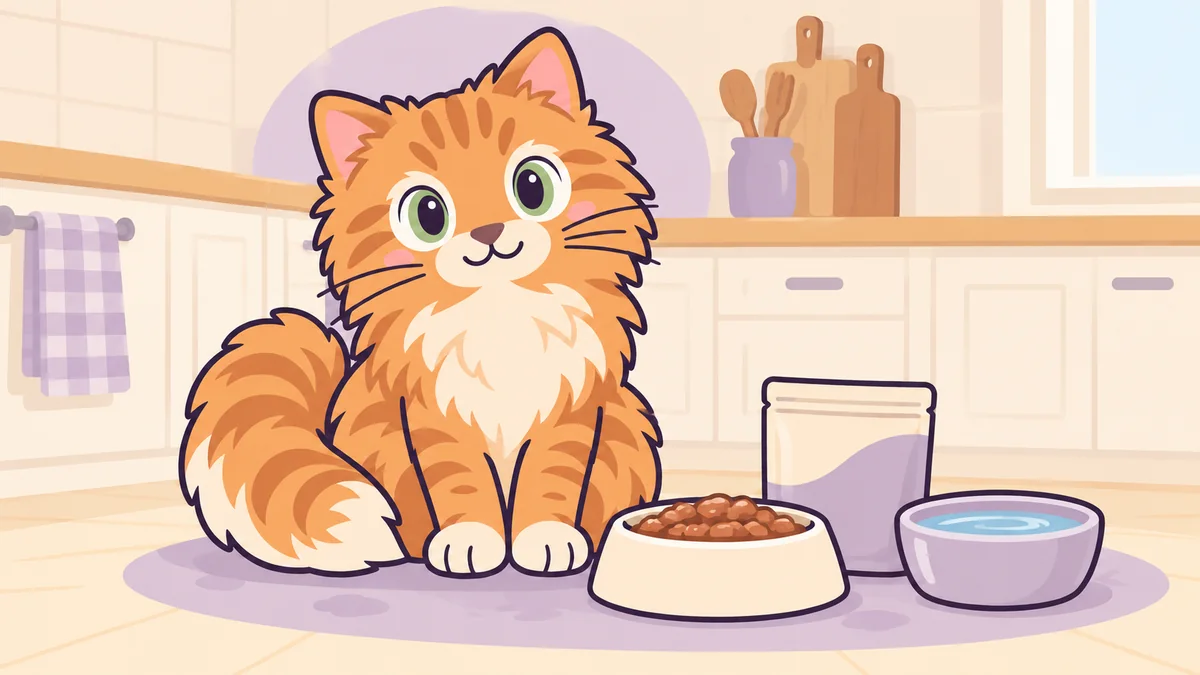 Cartoon ginger cat beside a cat-food bowl, a food pouch and fresh water.