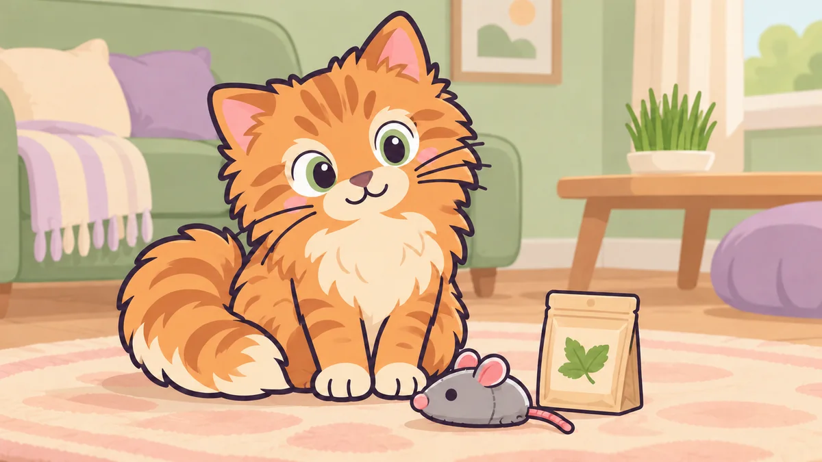 Cartoon ginger cat with a fabric mouse toy and closed catnip pouch.
