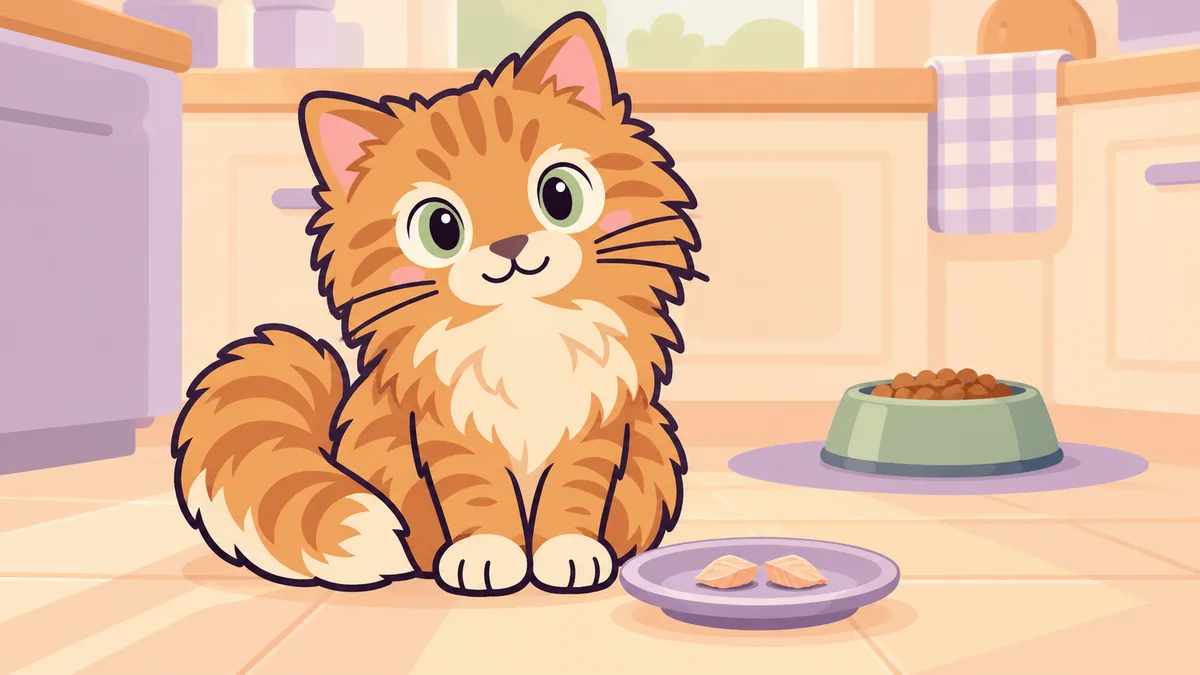 Cartoon ginger cat beside a tiny saucer with cooked fish flakes.