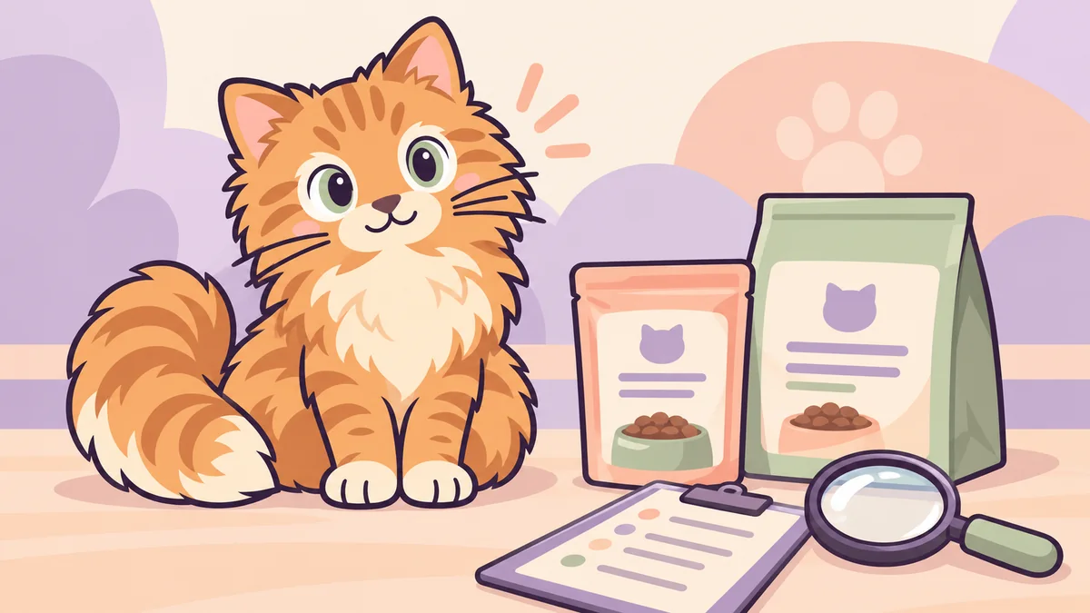 Cartoon ginger cat beside unbranded cat-food packages, a clipboard and magnifying glass.