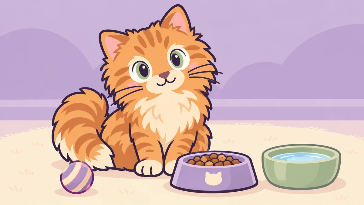 Cartoon ginger kitten beside shallow food and water bowls.
