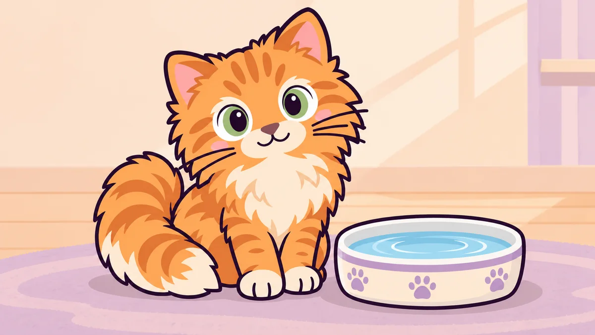 Cartoon ginger kitten beside a bowl of fresh water.