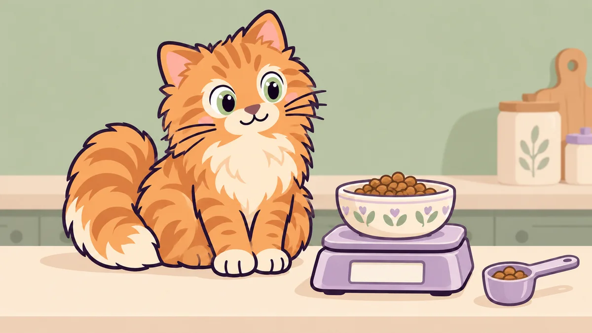 Cartoon ginger cat beside a food bowl on a kitchen scale and a scoop.