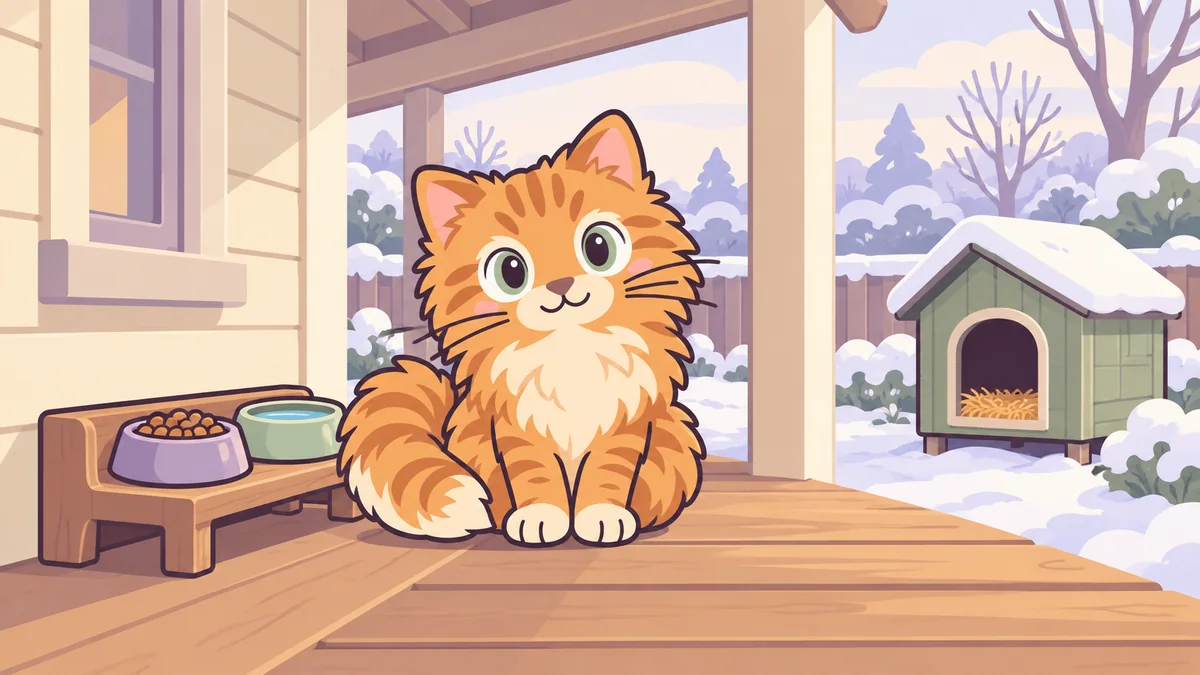 Cartoon ginger cat on a dry porch beside a feeding station and a separate straw-lined shelter.