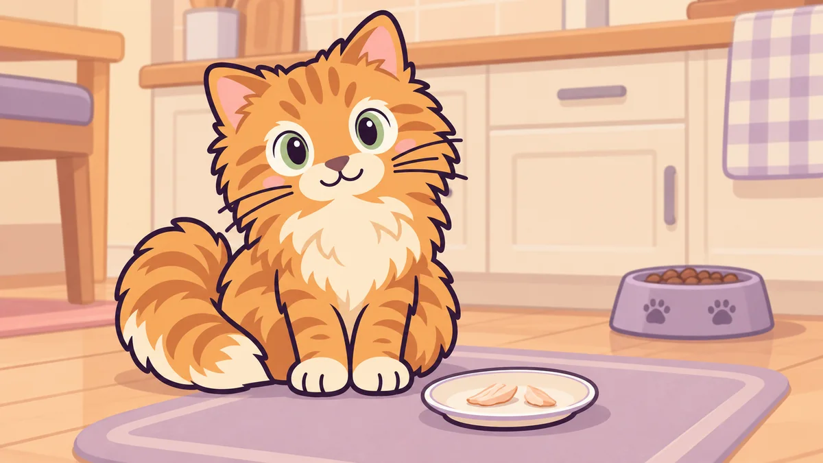 Cartoon ginger cat beside a tiny plate of cooked poultry pieces.