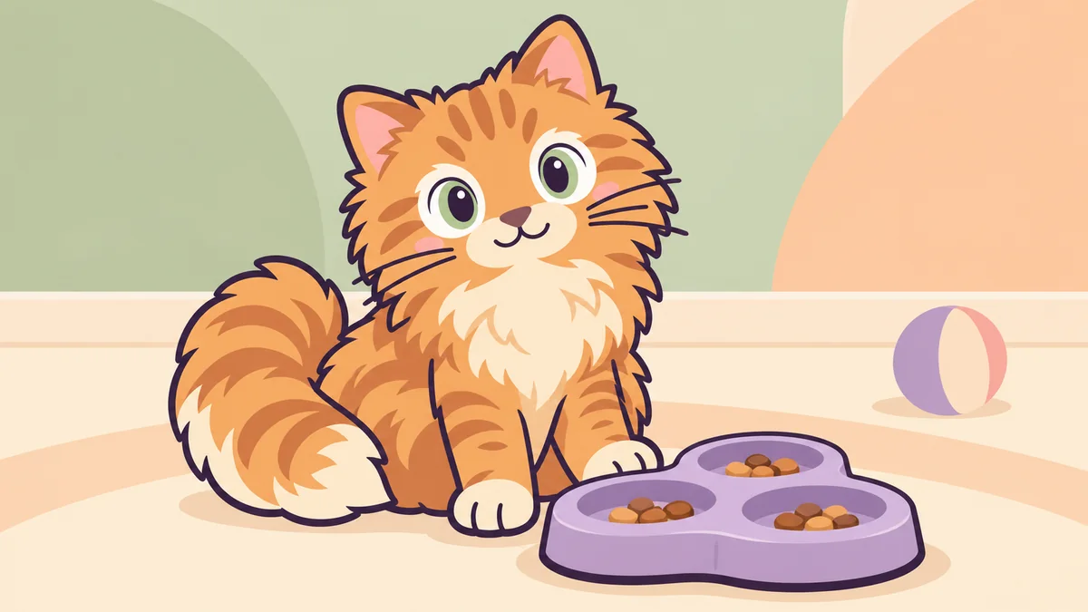 Cartoon ginger cat beside a simple low puzzle feeder containing kibble.