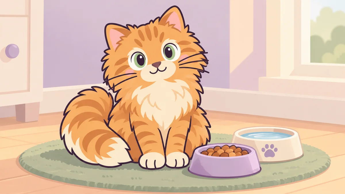 Relaxed cartoon ginger cat beside accessible food and water bowls.
