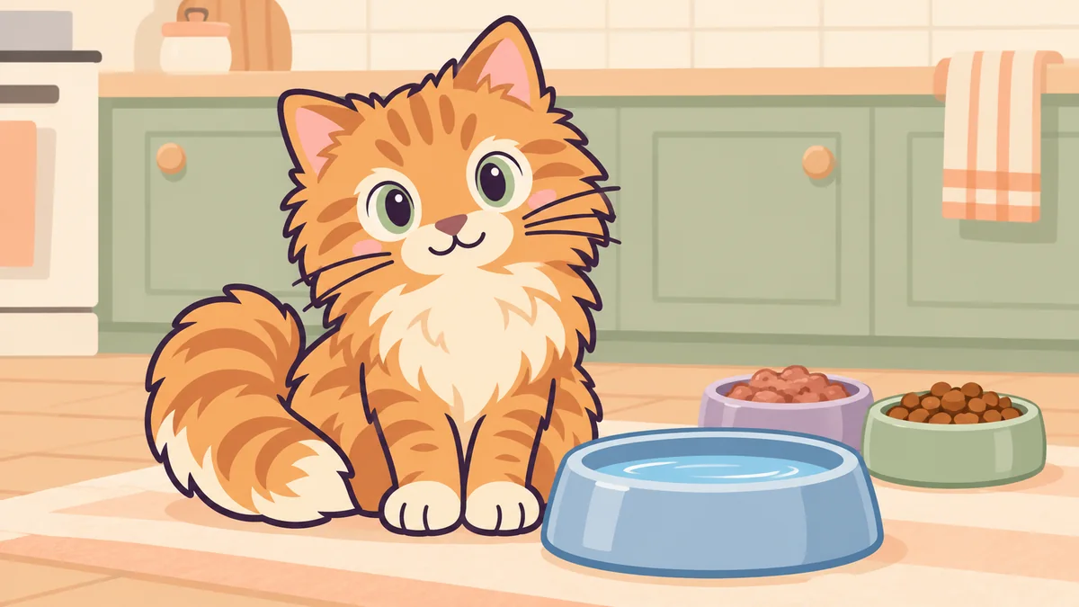 Cartoon ginger cat beside water, wet-food and dry-food bowls.
